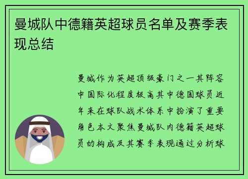 曼城队中德籍英超球员名单及赛季表现总结